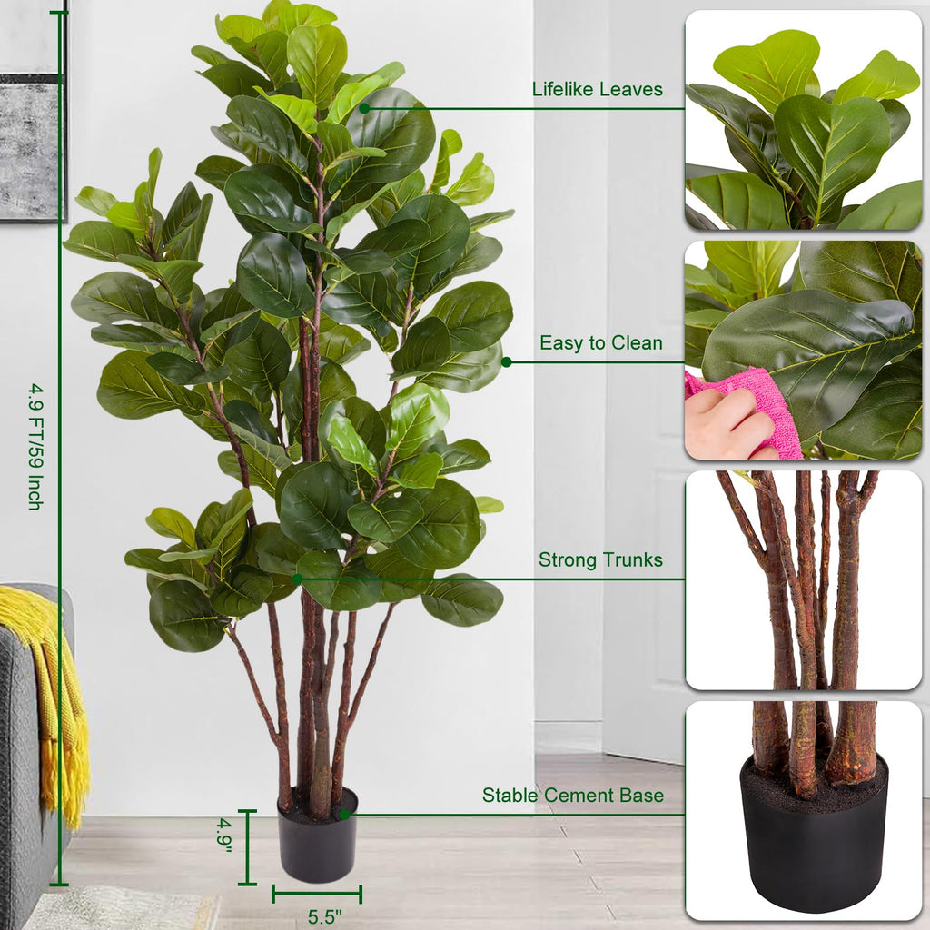 Artificial Fiddle Leaf Fig Tree, 5 Ft Faux Tree with 102 Leaves