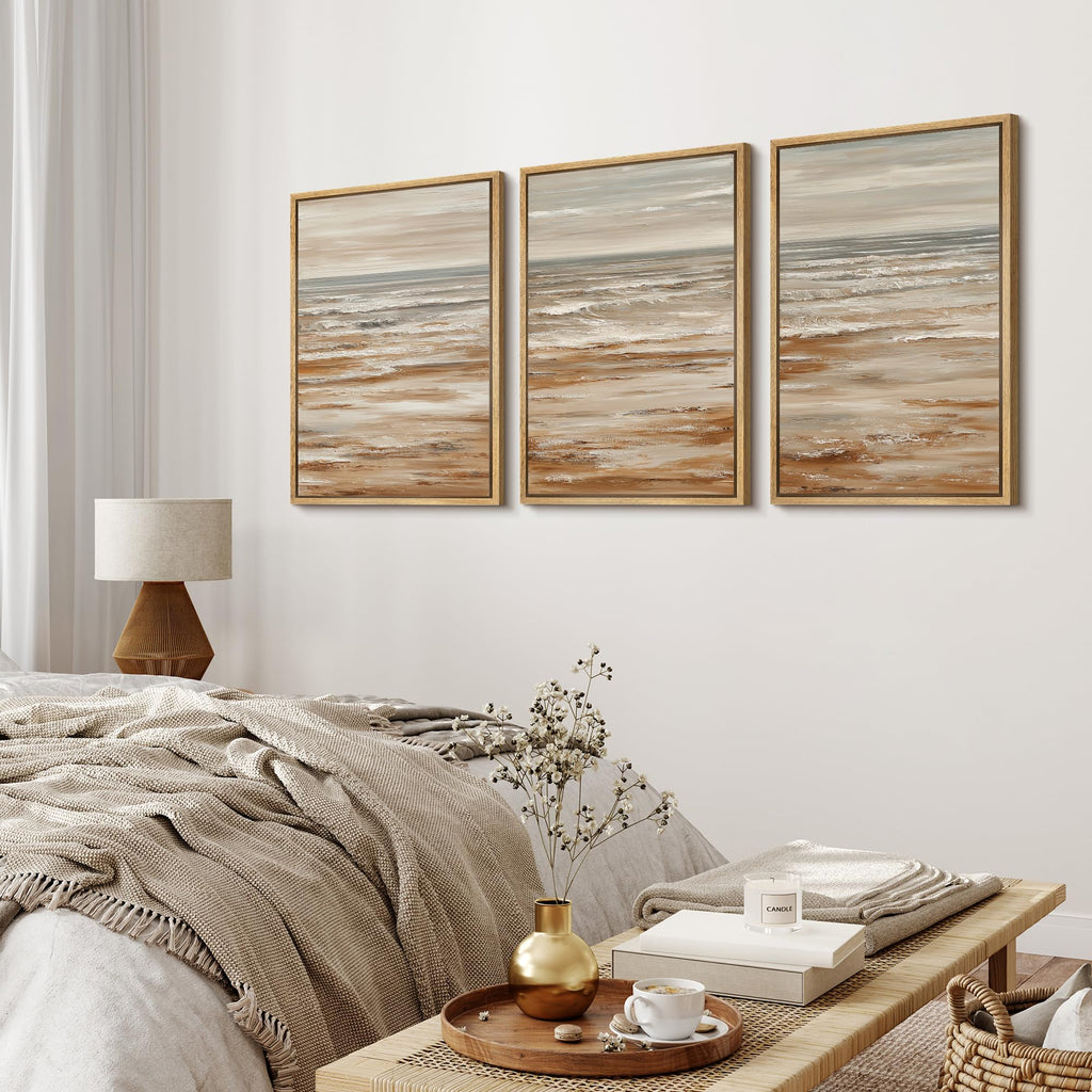 Framed Wall Art Print Set Neutral Coastal Seascape Minimalist Ocean Waves and Sandy Shore Illustrations Modern Art