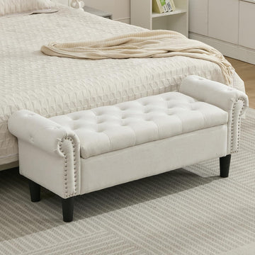 50" Storage Bench , Linen Upholstered, Beige | End of Bedroom Bed Bench Ottoman with Tufted Cushioned Rolled Arm