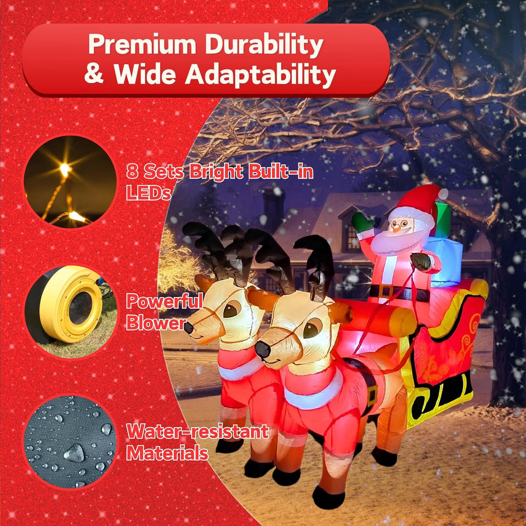 7FT Inflatable Sleigh with Santa and Reindeer Outdoor Decoration, Christmas Blow Up Yard Decorations, Built-in LED