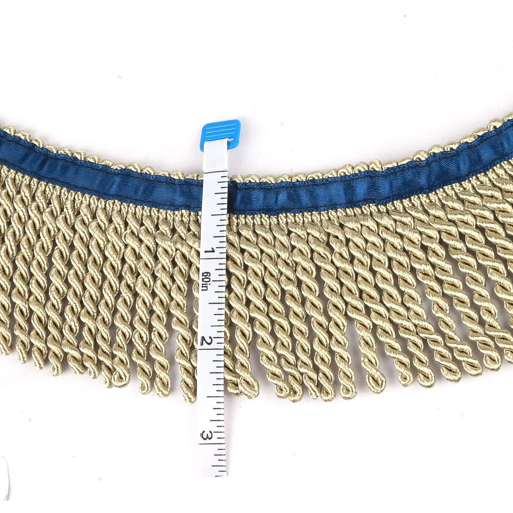 2.5" Wide Bullion Fringe Trim with Blue Ribbon,Dark Beige - 5Yard