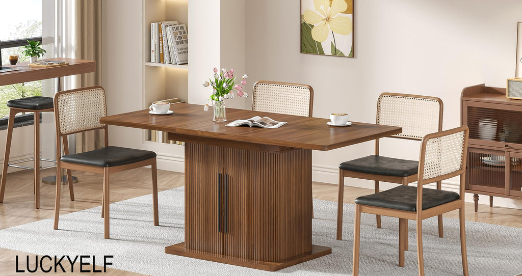 Extendable Dining Room Table for 4-6, 47-65 Inch Rectangle Kitchen Dining Table with Large Storage, Fluted Sliding