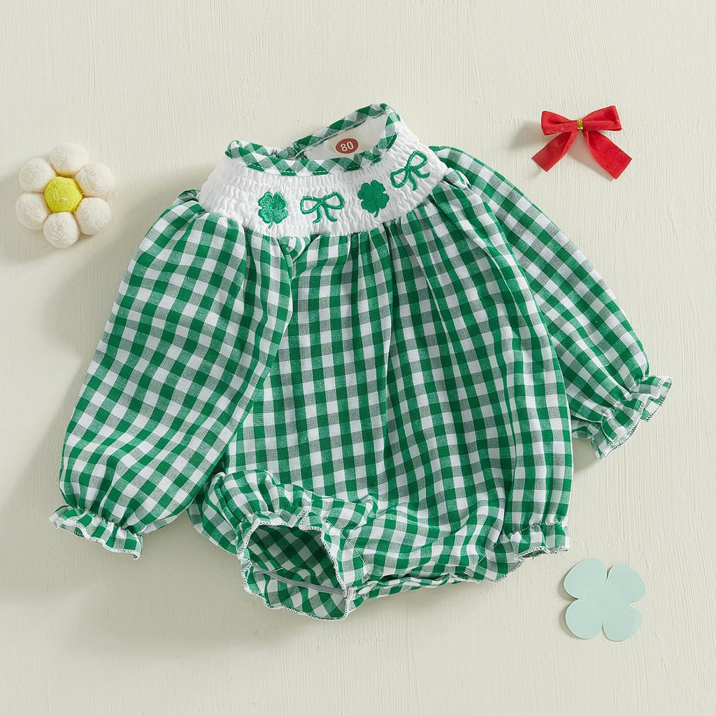 Baby Girl Smocked Romper Plaid Long Sleeve Crew Neck Embroidery Pattern Bubble Onesie Bodysuit Cute Newborn Clothes