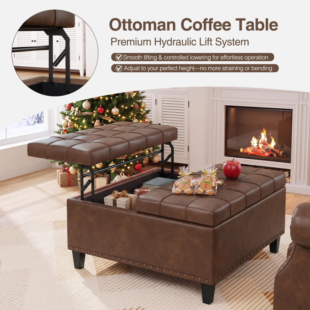 31.5 Inch Large Square Ottoman with Storage, Faux Leather
