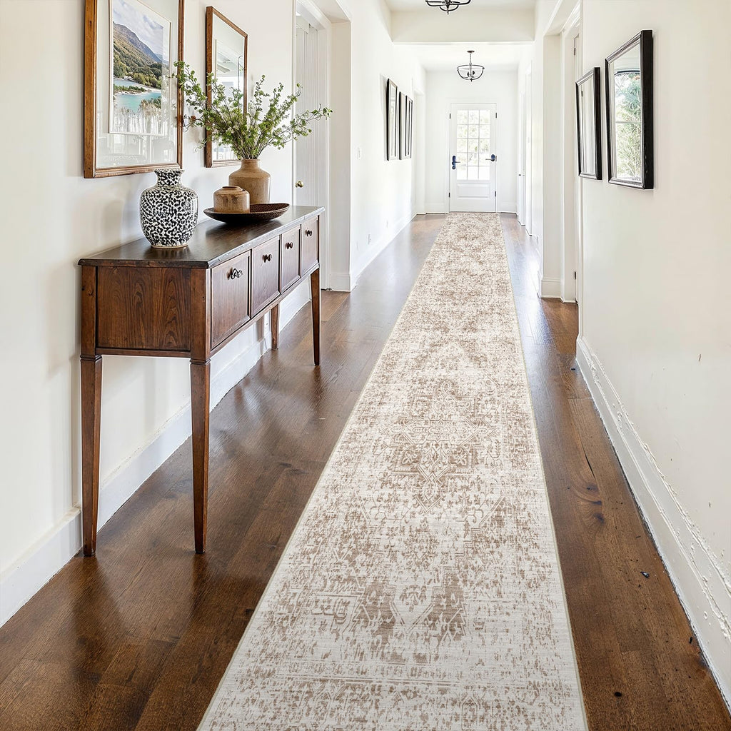 2'6"x16 Washable Long Runner Rug: Vintage Non Slip Hallway Rug IvoryBeige