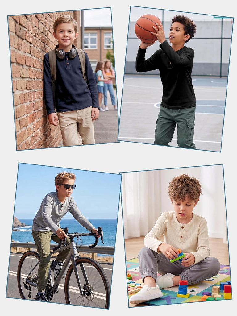 4 Pack Boys Long Sleeve Shirts Henley Neck Basic Waffle Knit Tops Tee for Kids Boys Thermal Shirt