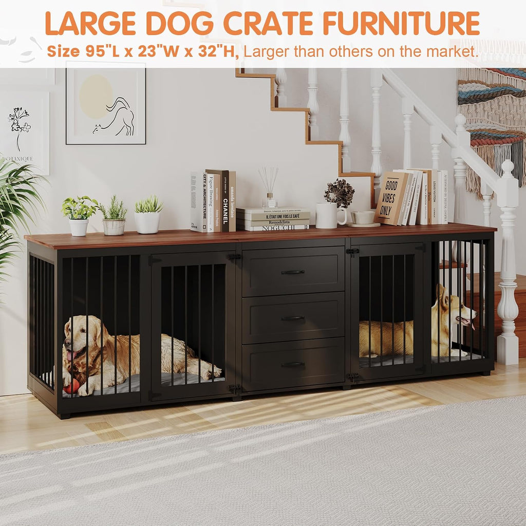 Dog Crate Furniture, Indoor Wooden Farmhouse Dog Kennel Furniture with 3 Drawers & 2 Lockable Doors