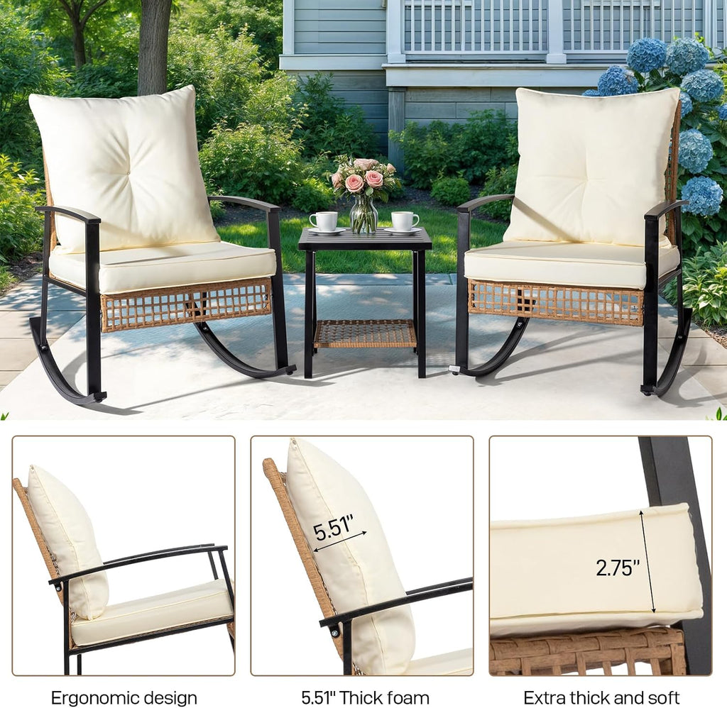 3-Piece Outdoor Rocking Bistro Set, Patio Furniture Set w/Soft Thick Cushions & 2-Tier Coffee Table, Rattan