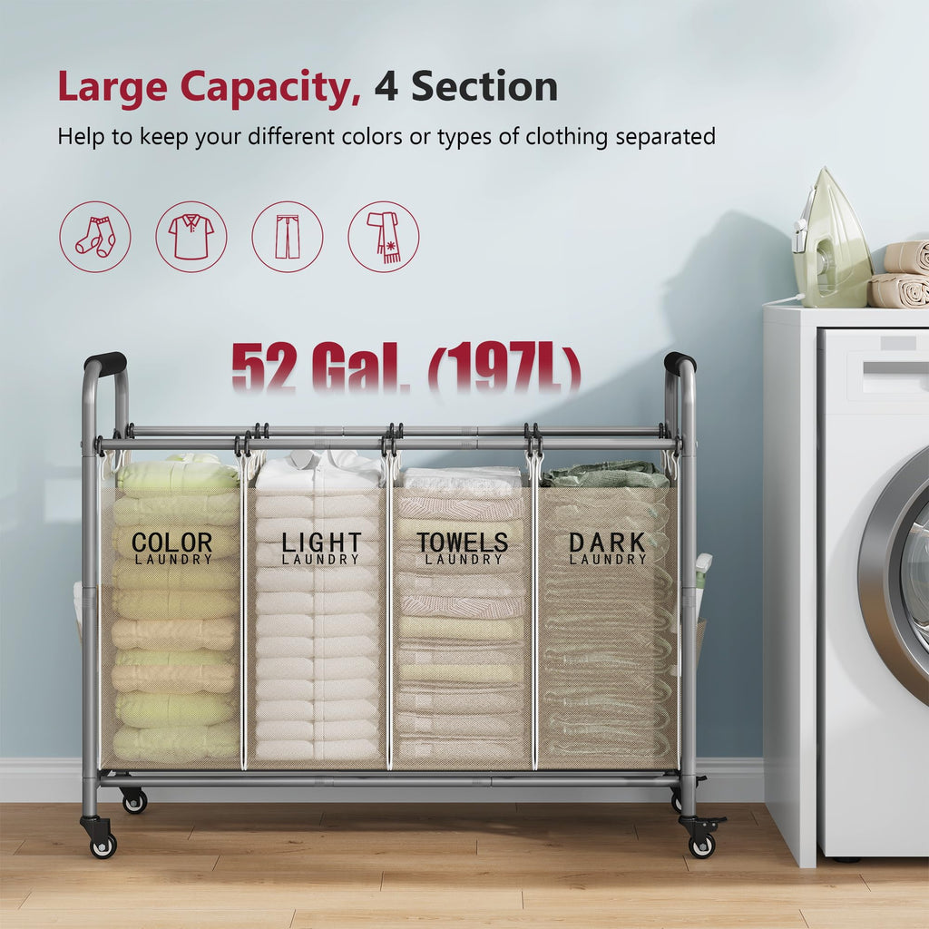4 Bag Laundry Sorter Cart, Laundry Sorter 4 Sections, Beige