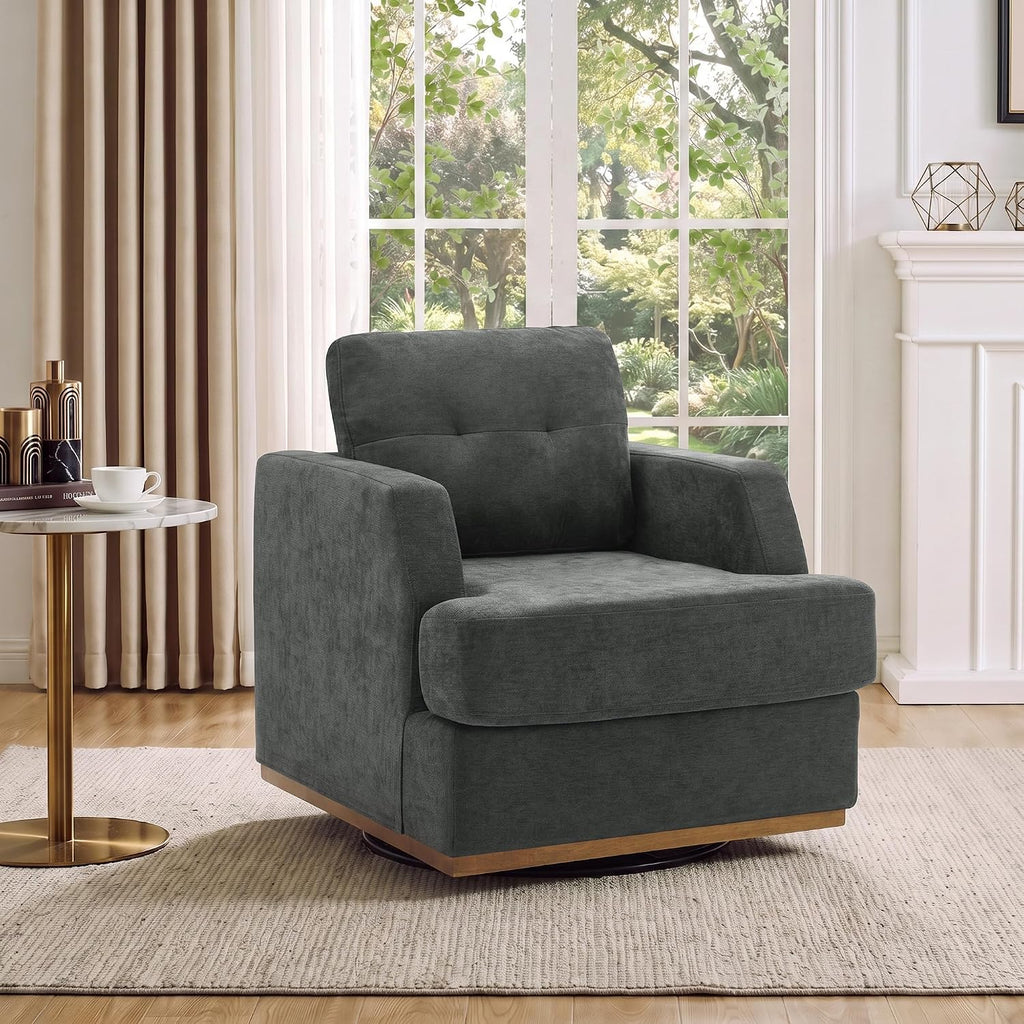 Swivel Accent Chair, 360° Rotatable Square Barrel Chair, Comfy Deep Seat Chenille Upholstered Living Room Chairs