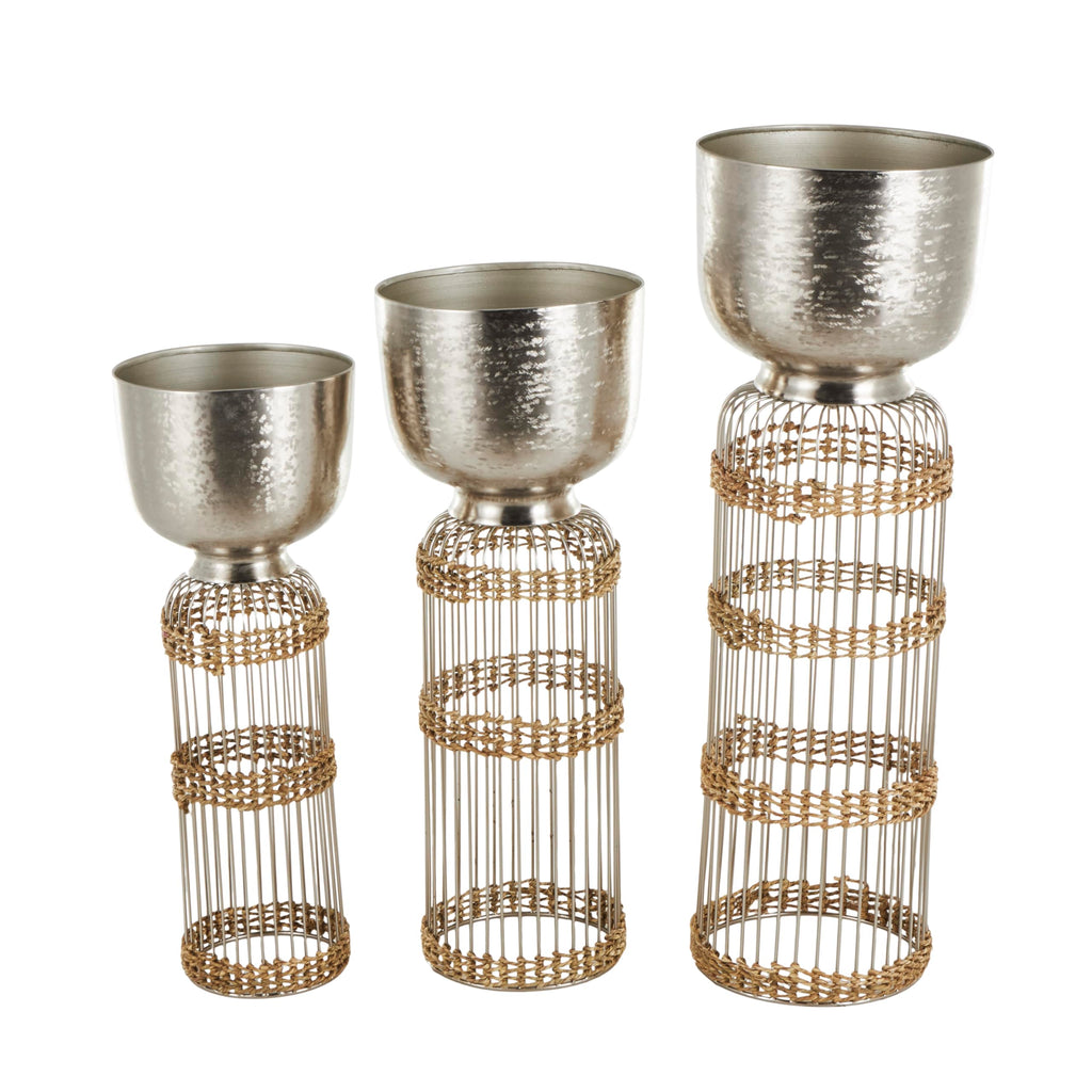 Metal Indoor Planter Textured Dome Large Planter Pot with Woven Seagrass and Caged Rod Pedestal Base, Set of 3