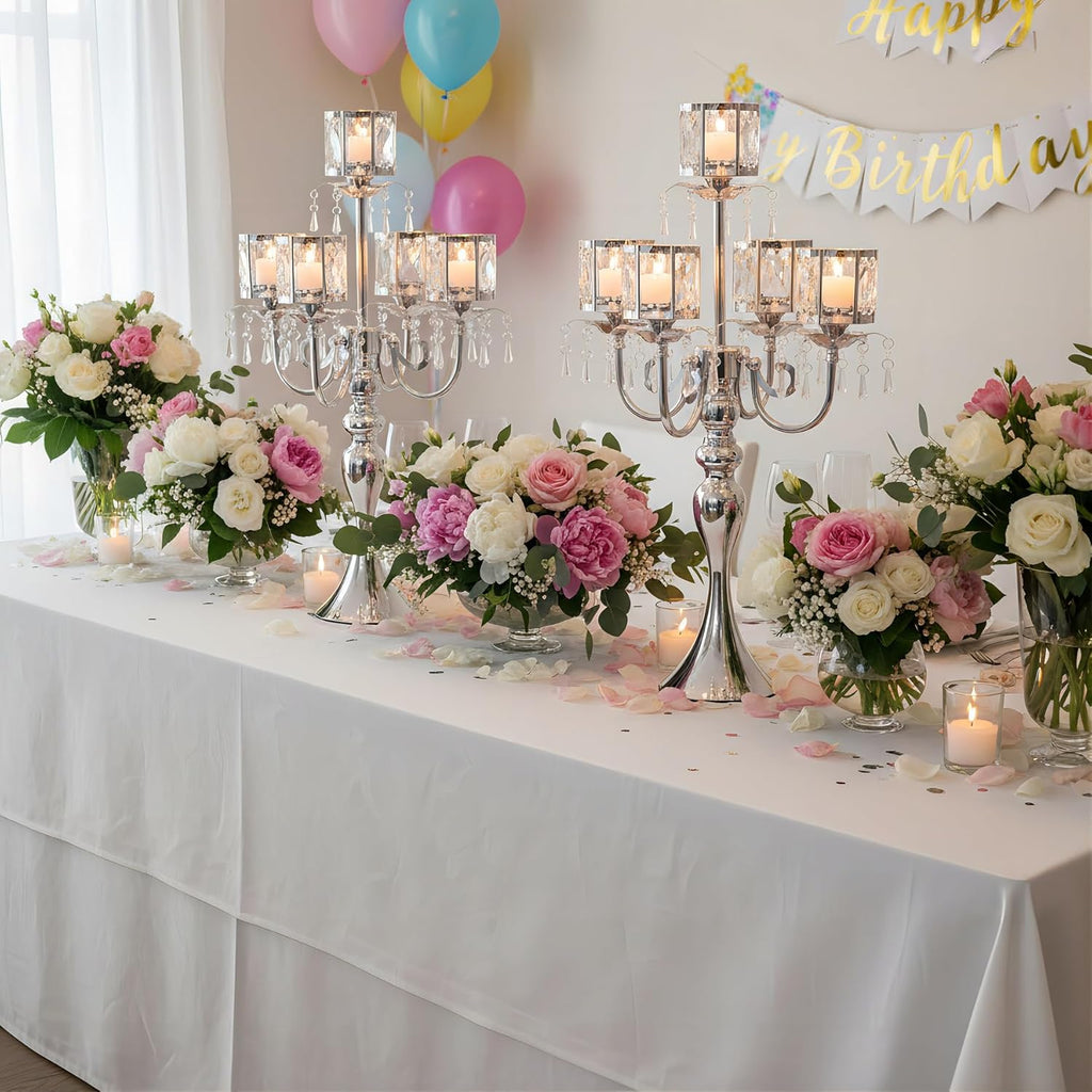 Tall Candle Holders - 2Pcs Gold Candelabra, Metal 5 Arm Candlesticks Party Wedding Aisle Home Decor (Silver x 2pcs)