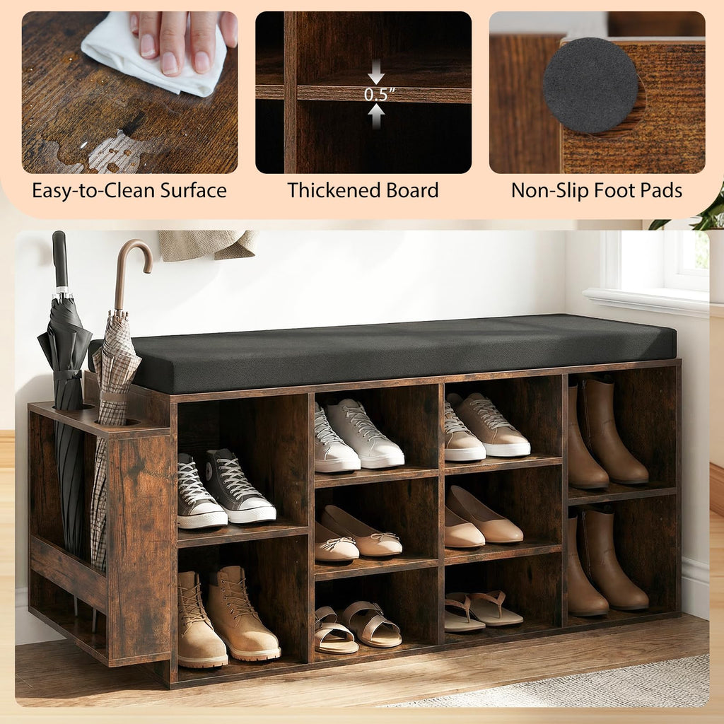 Shoe Storage Bench with Umbrella Holder, 40" Shoe Organizer with Cushioned Seat, 10 Cubbies & Adjustable Shelves