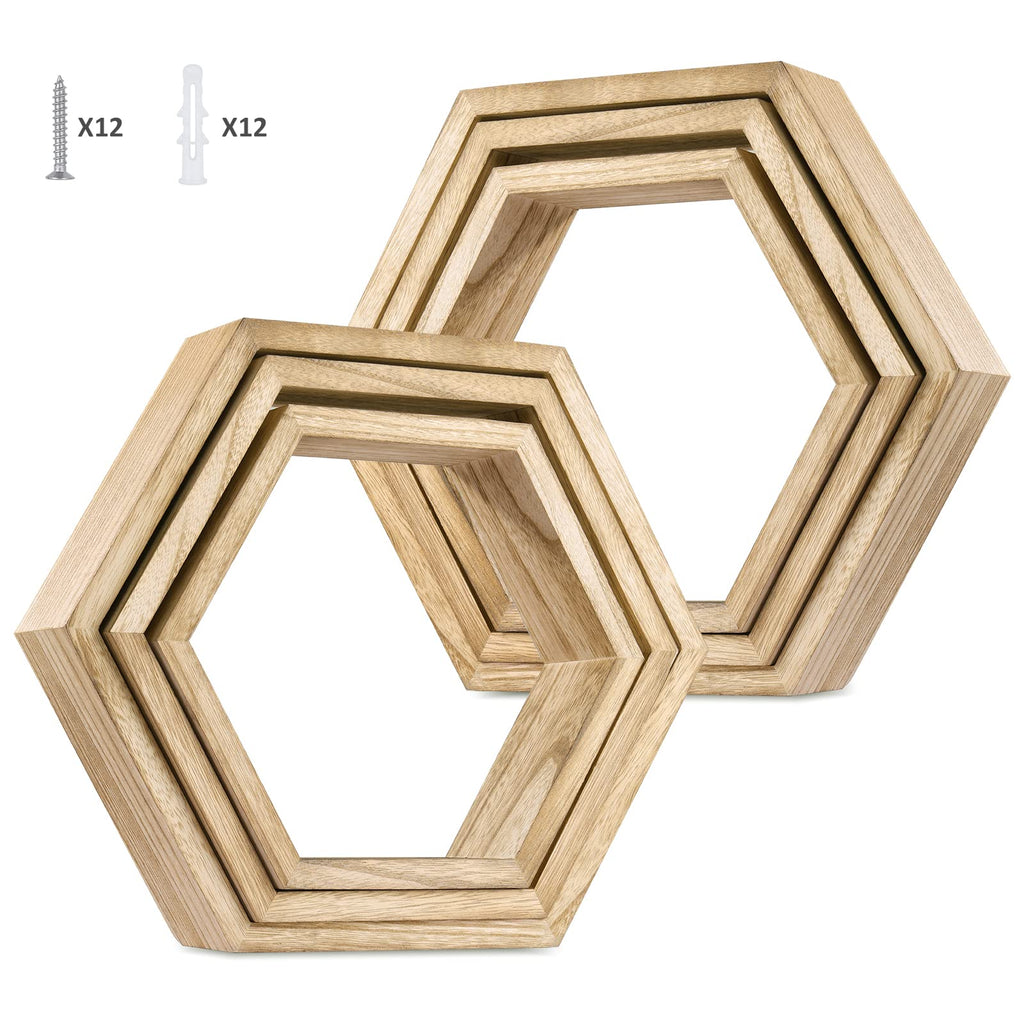 Hexagon Floating Shelves Set of 6, Honeycomb Wall Shelf, Light Brown