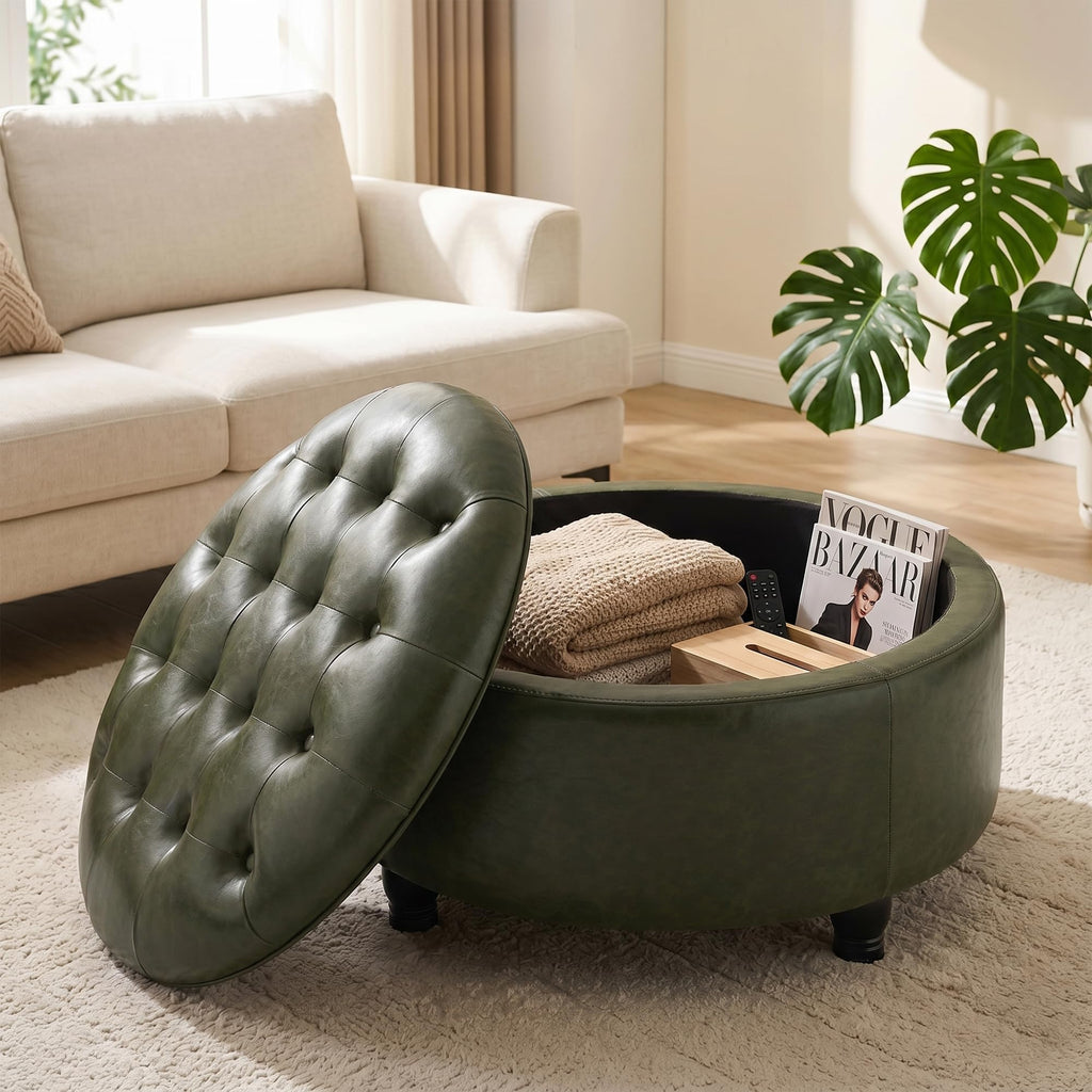30-Inch Round Ottoman with Storage, Leather Ottoman(Green)