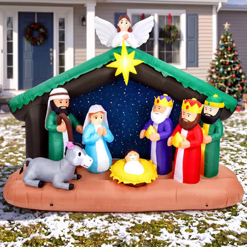 8FT Christmas Inflatable Nativity Scene, Giant Christmas Blow Up Outdoor Decorations with 9 LED Lights, Angel, Three