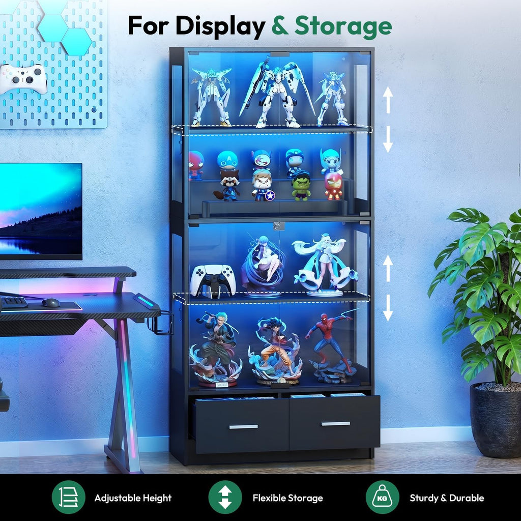 Display Cabinet with Seal Strip & RGB LED Light | 67" Curio Cabinet, Pop-Up Glass Doors, Adjustable Shelves, Anti-Tip