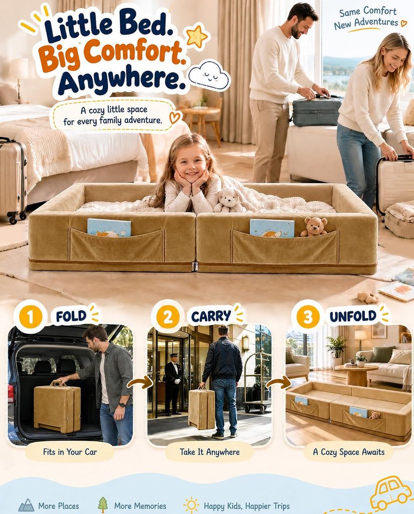 Toddler Portable Travel Bed - Foldable & Washable Floor Bed, Beige