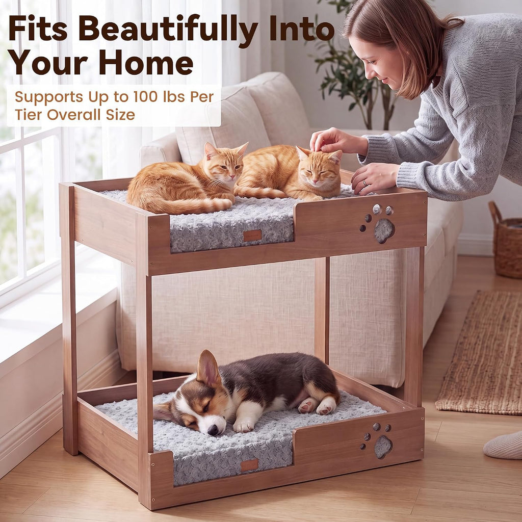 Wooden Bunk Dog Bed with 2 Memory Foam Beds