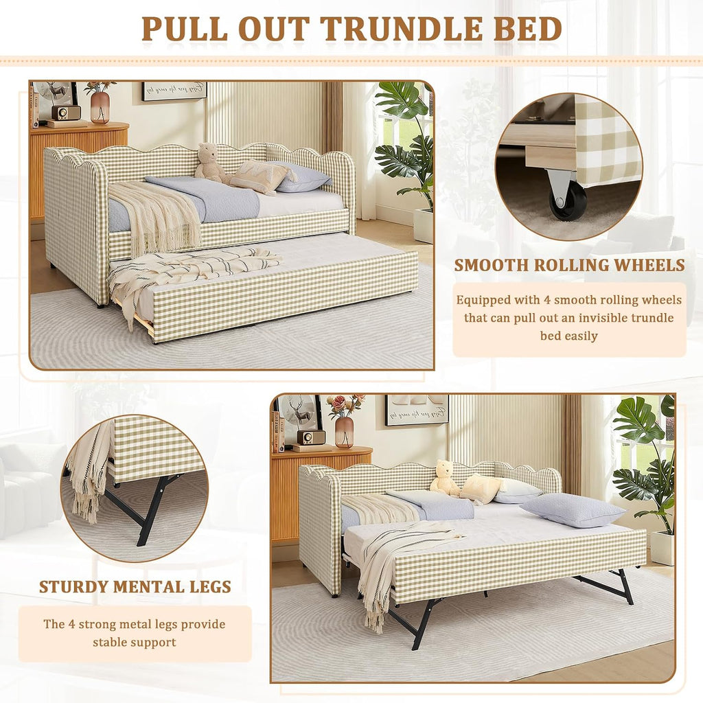 Twin Size Gingham Daybed with Trundle, Upholstered Linen Day Bed Frame with USB Ports & Wave-Shaped Backrest, Modern
