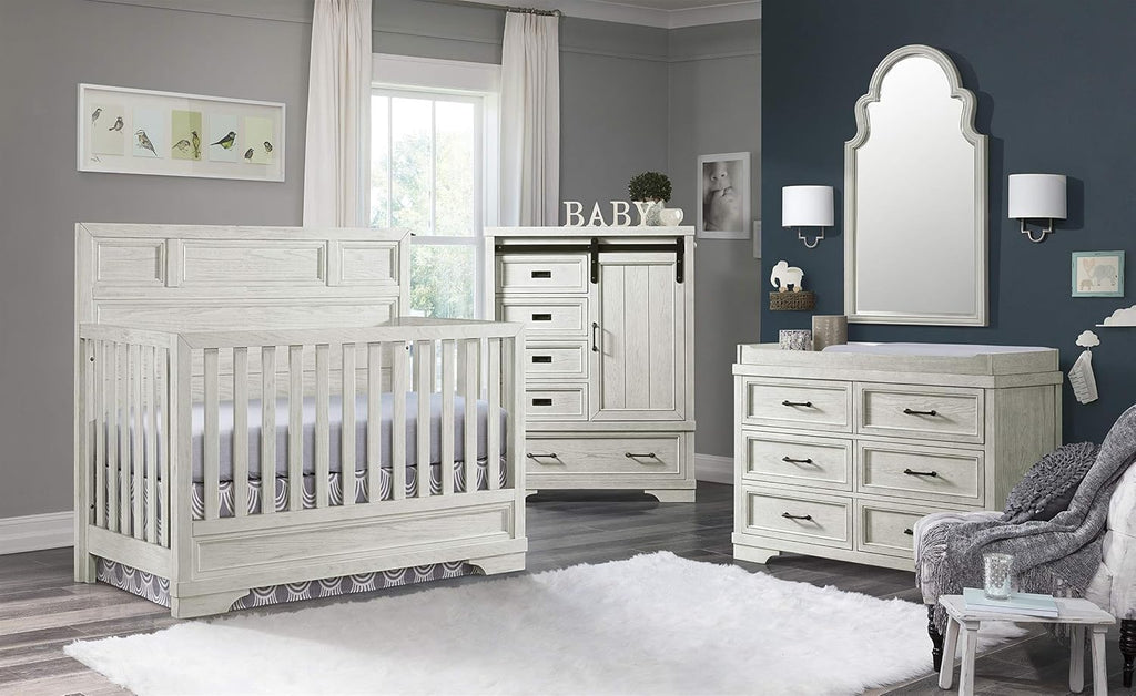 Traditional Wood Convertible Crib, White Dove Finish, 4-in-1 Design, Solid Hardwood, Adjustable Heights, Steel Spring