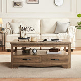 Farmhouse Coffee Table, Rectangle Coffee Table with Drawers, Rustic Wooden Coffee Tables with Storage, Center Table