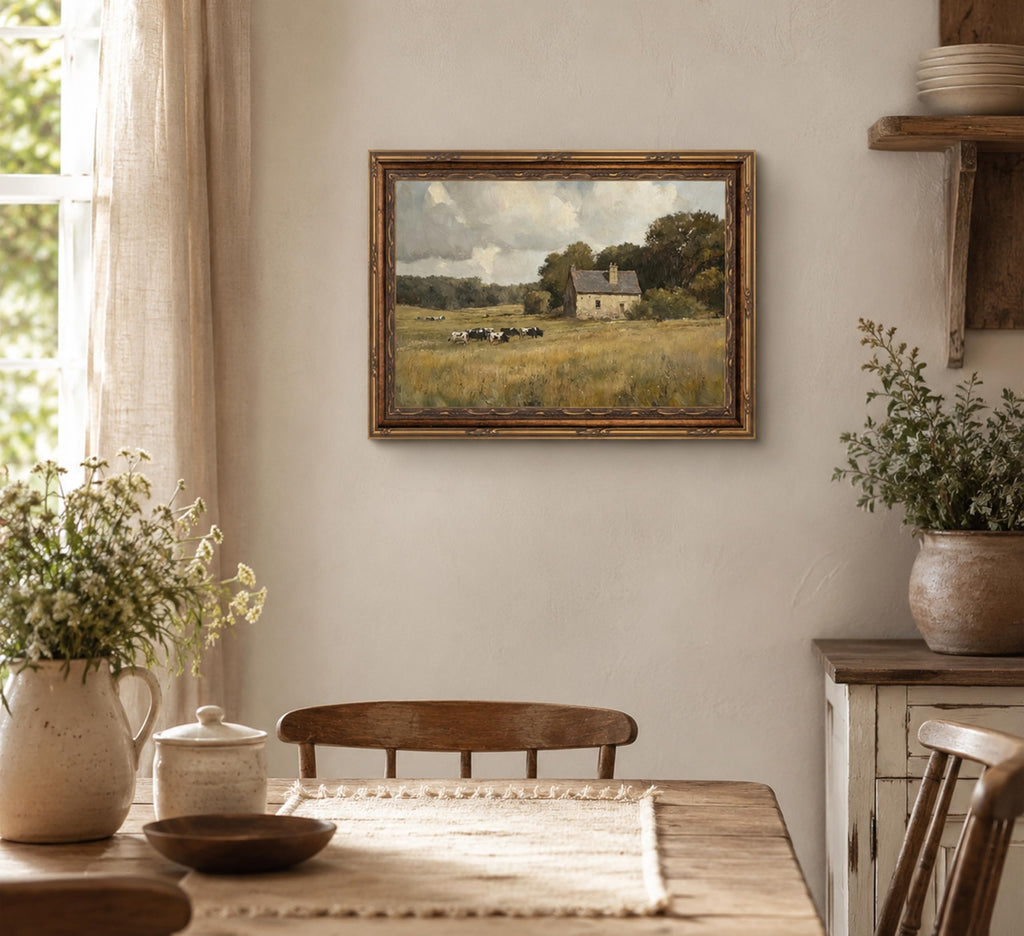 Vintage Cow Farm Landscape Framed Wall Art 12x16 In