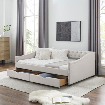 Full Size Upholstery Daybed with 2 Drawers and Headboard, Mid-Century Style Tufted Sofa Bed with Button on Back, Easy