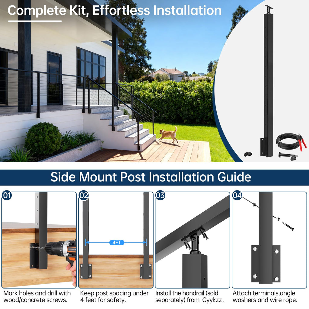 4-12FT Swageless Left Side Mount Stair Post Kit for 36"/42" Railing