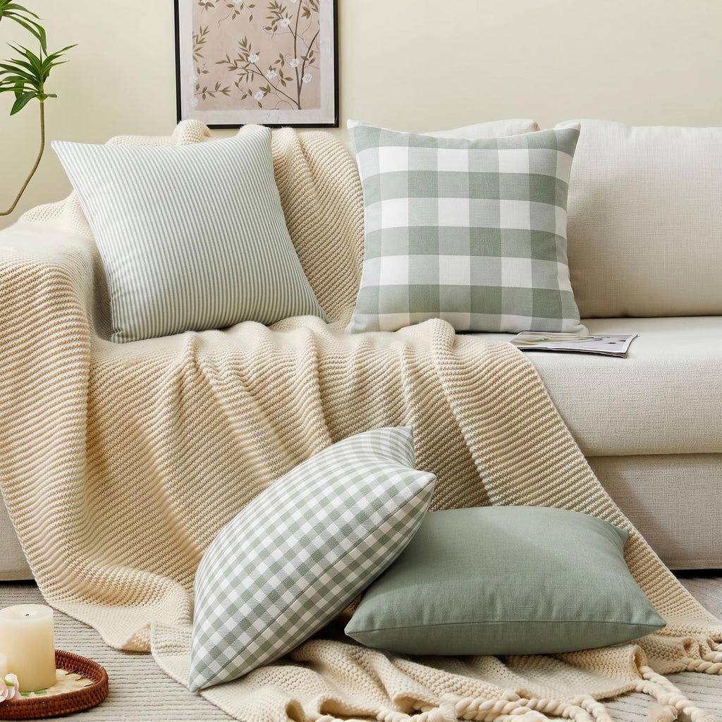 Sage Green Buffalo Check Plaid Outdoor Throw Pillow Cover 18x18 Set of 4