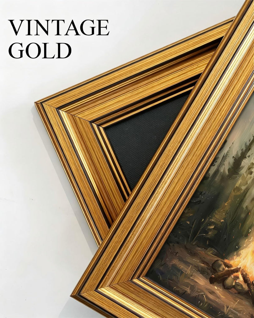 Gold Framed Wall Art, Rustic Campfire Canvas Prints, Vintage Forest Camping Cabin Picture Wall Decor, Dark Academia