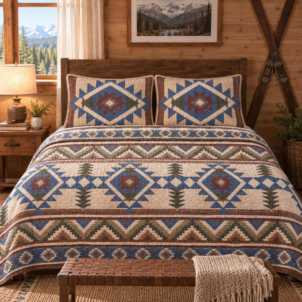 Rustic Western Southwestern Native American Tribal Navajo Design Oversized Bedspread Quilt Set in Beige Taupe Brown