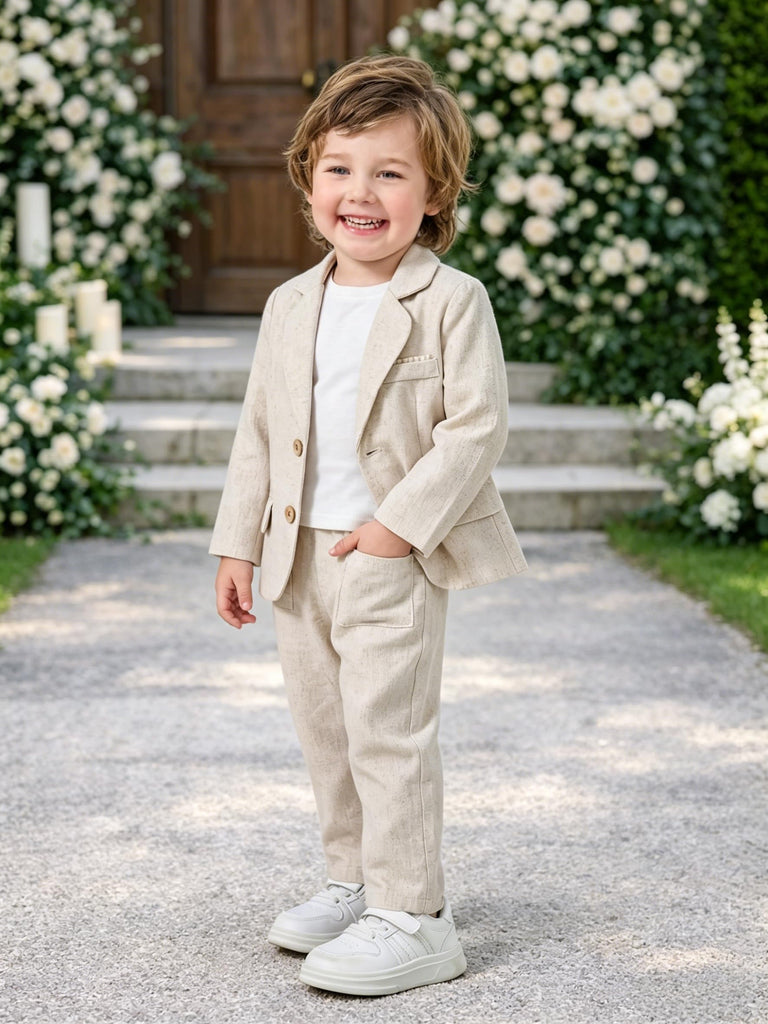 Toddler Suit Baby Boy 3 Piece Linen Tuxedo, BeigeWhite