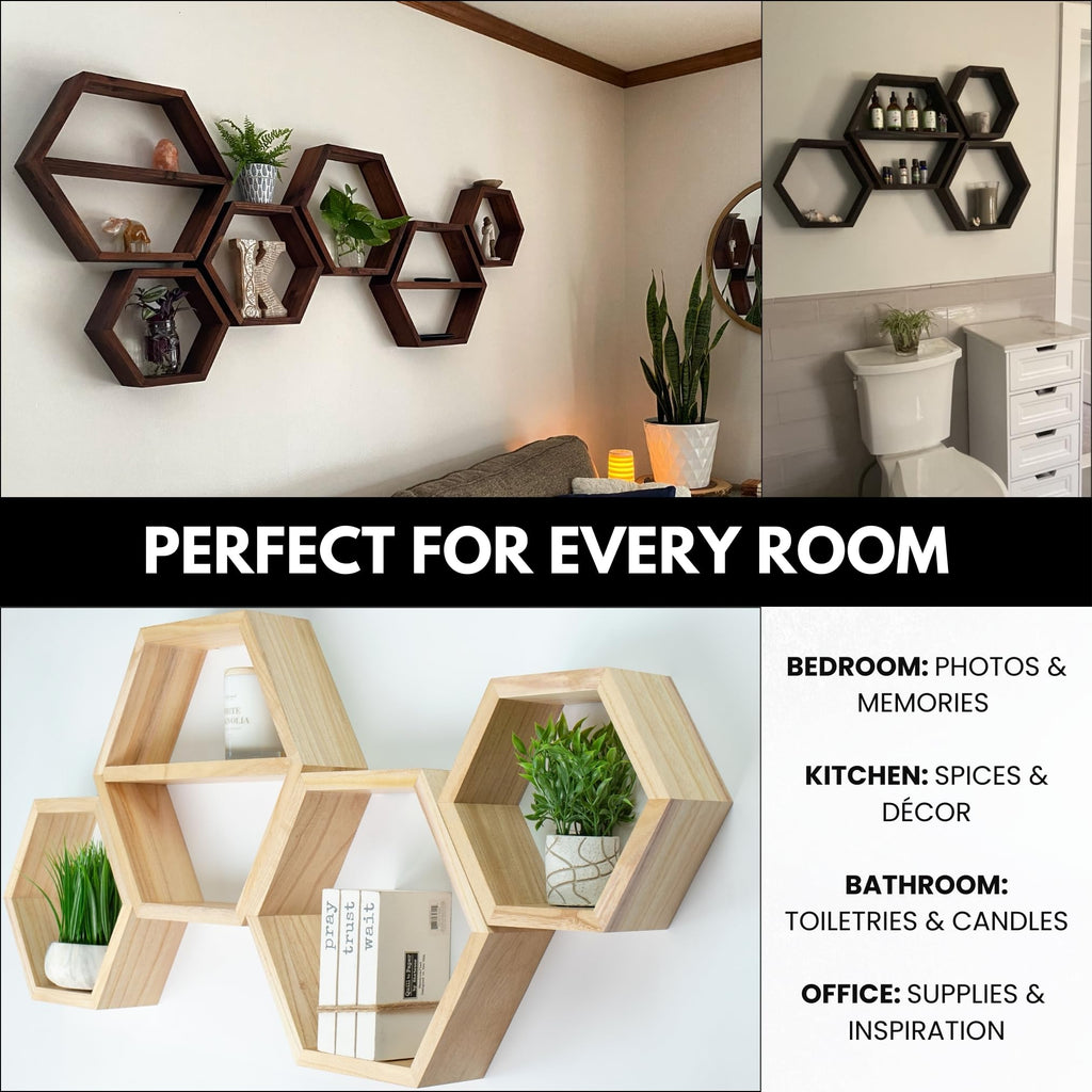 Hexagon Floating Shelves Set of 4 - Solid Wood Wall Mounted Shelves - Honeycomb Geometric Display Shelves - Natural