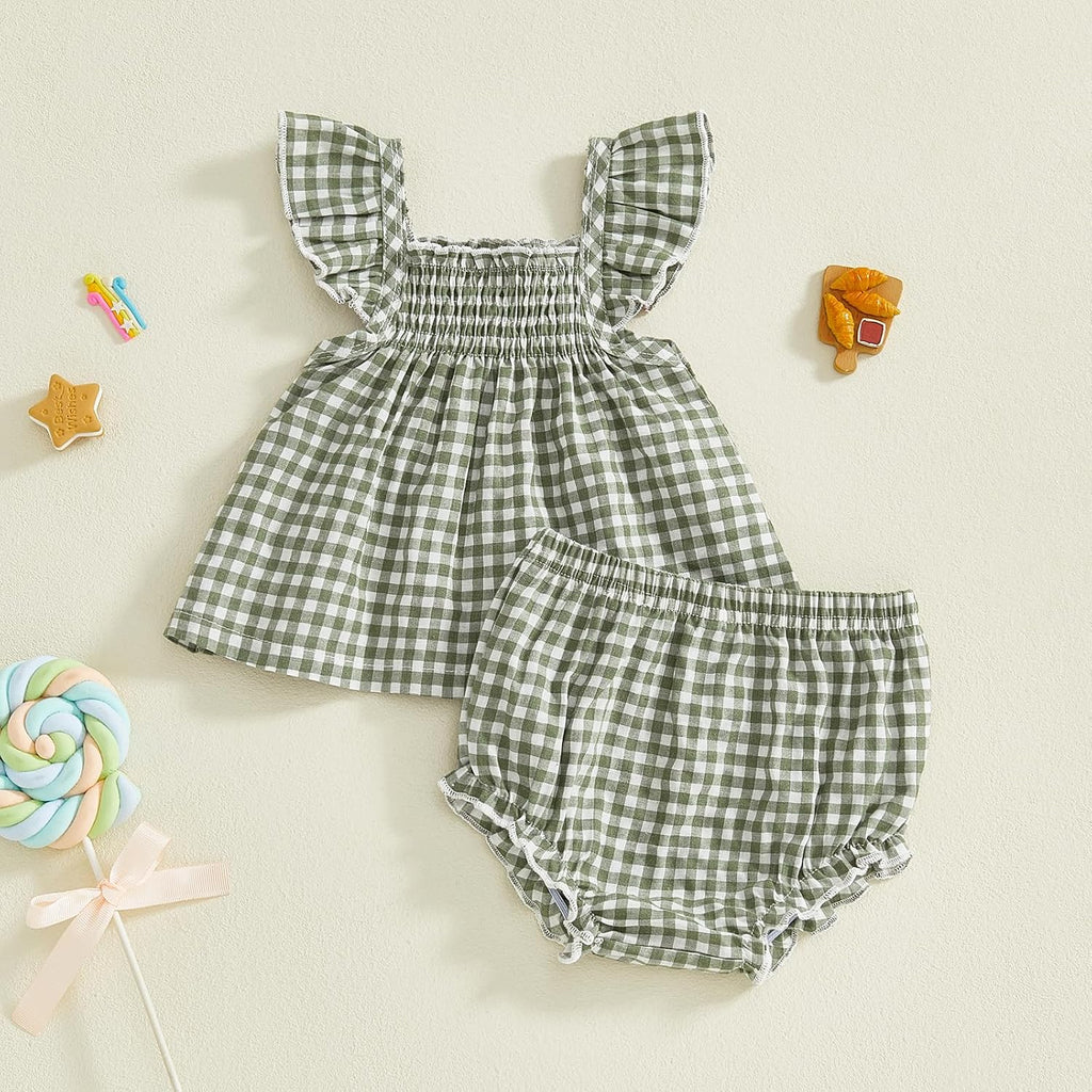 Baby Girl Outfit Fly Sleeve Ruffle Tops Plaid Bloomers Infant Summer 2PCS Clothes Set 3 6 12 18