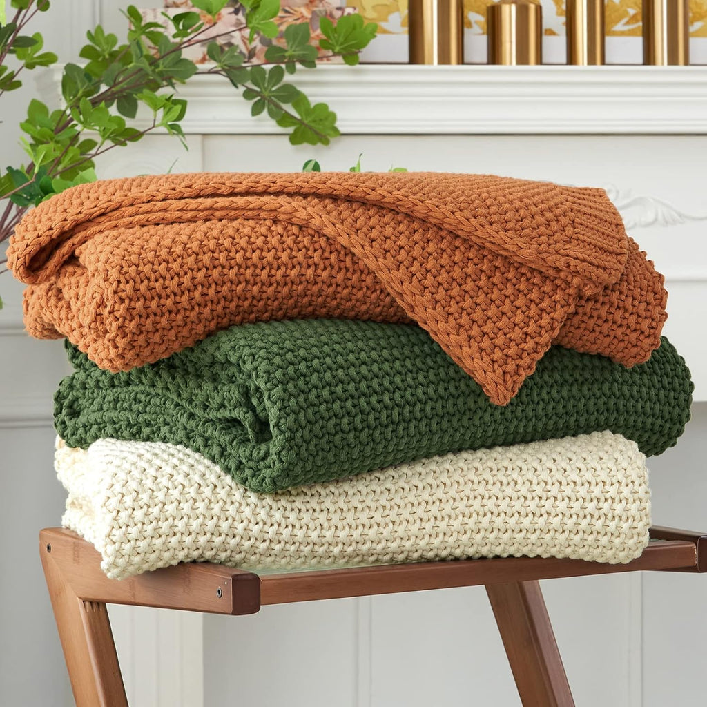 Chunky Cable Knit Throw Blanket Lightweight Burnt Orange 100% Organic Cotton Blanket, Rustic Shabby Chic Modern