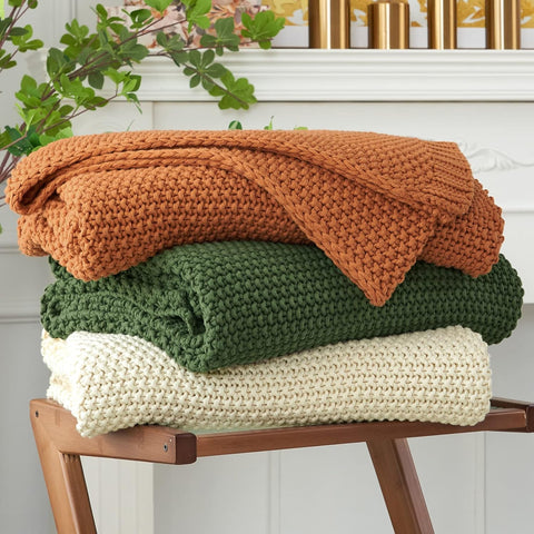 Chunky Cable Knit Throw Blanket Lightweight Beige 100% Organic Cotton Blanket, Rustic Shabby Chic Modern Farmhouse