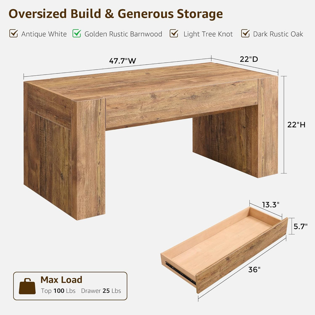 48" Modern Farmhouse Coffee Table, Wooden Living Room Table with Hidden Storage Drawer