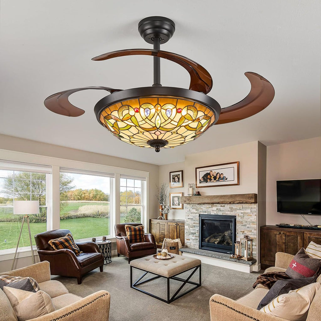 48" Tiffany Retractable Ceiling Fan with Light - (Gem Art, Black)
