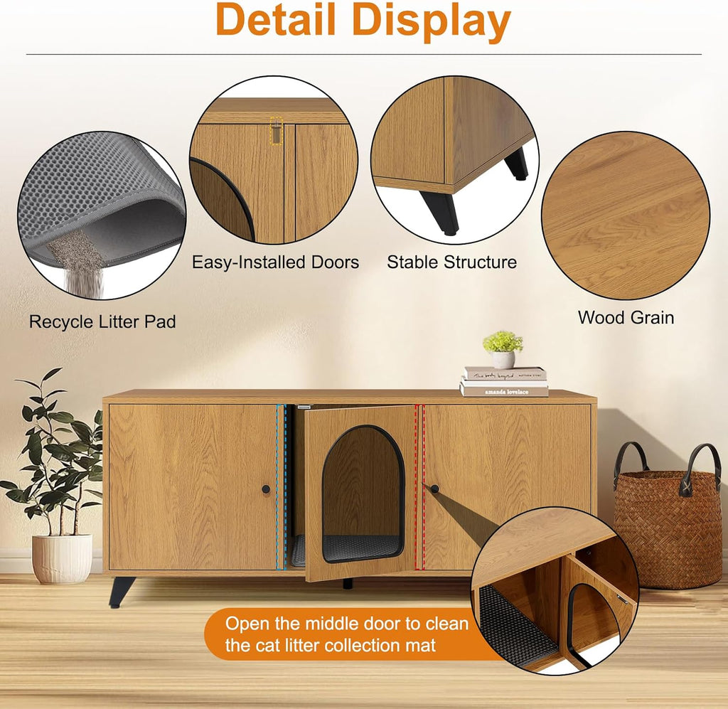 Cat Litter Box Enclosure for 2 Cats, Modern Hidden Litter Box Furniture with Double Room, Large Cat House Washroom