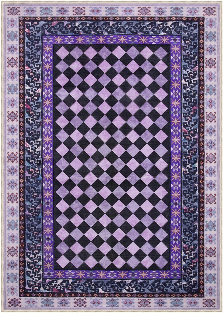 Washable Checkered Area Rugs, Non Slip Purple Trellis Living Room Rug, Low Pile Soft Funky Checked Throw Carpet