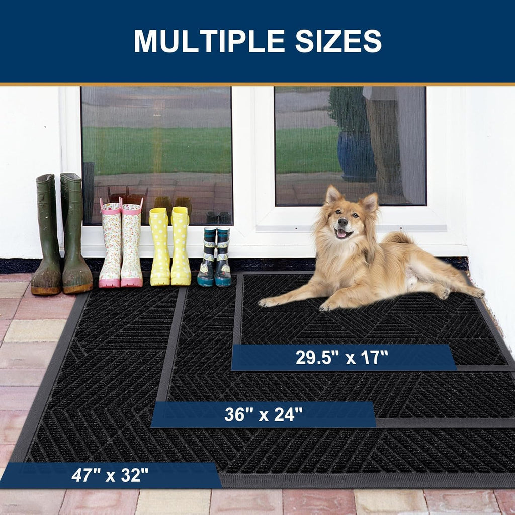 Front Door Mat Outside Entrance, Low Profile Rubber Doormat, 35x23 | Irregular Triangle, Black, Sturdy Heavy Duty Mat