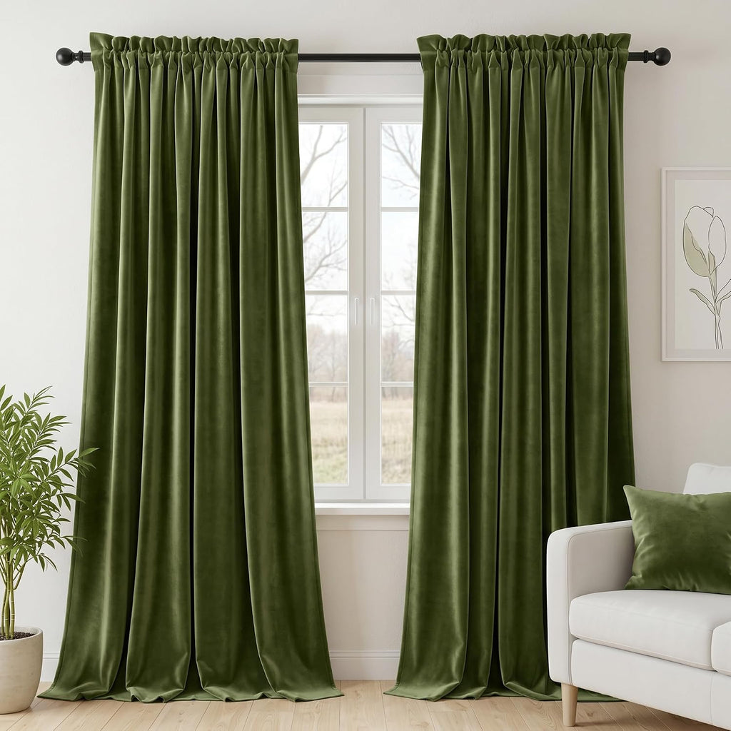 Olive Green Velvet Curtains for Bedroom Window, Super Soft Vintage Luxury Heavy Drapes, Room Darkening Rod Pocket