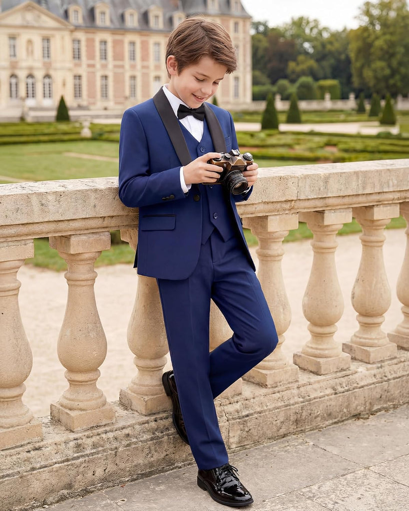 Boys 5 Pieces Tuxedo Suit Set Kids Suits Shawl Collar Jacket Pant Vest Bow Tie for Wedding Ring Bearer Party Prom