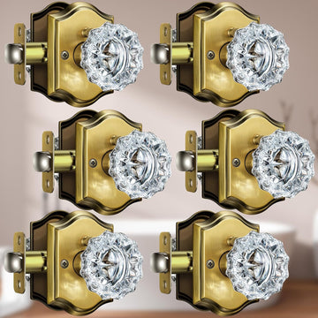 Glass Door Knobs, Privacy Vintage Brass Door Knobs, 6 Pack