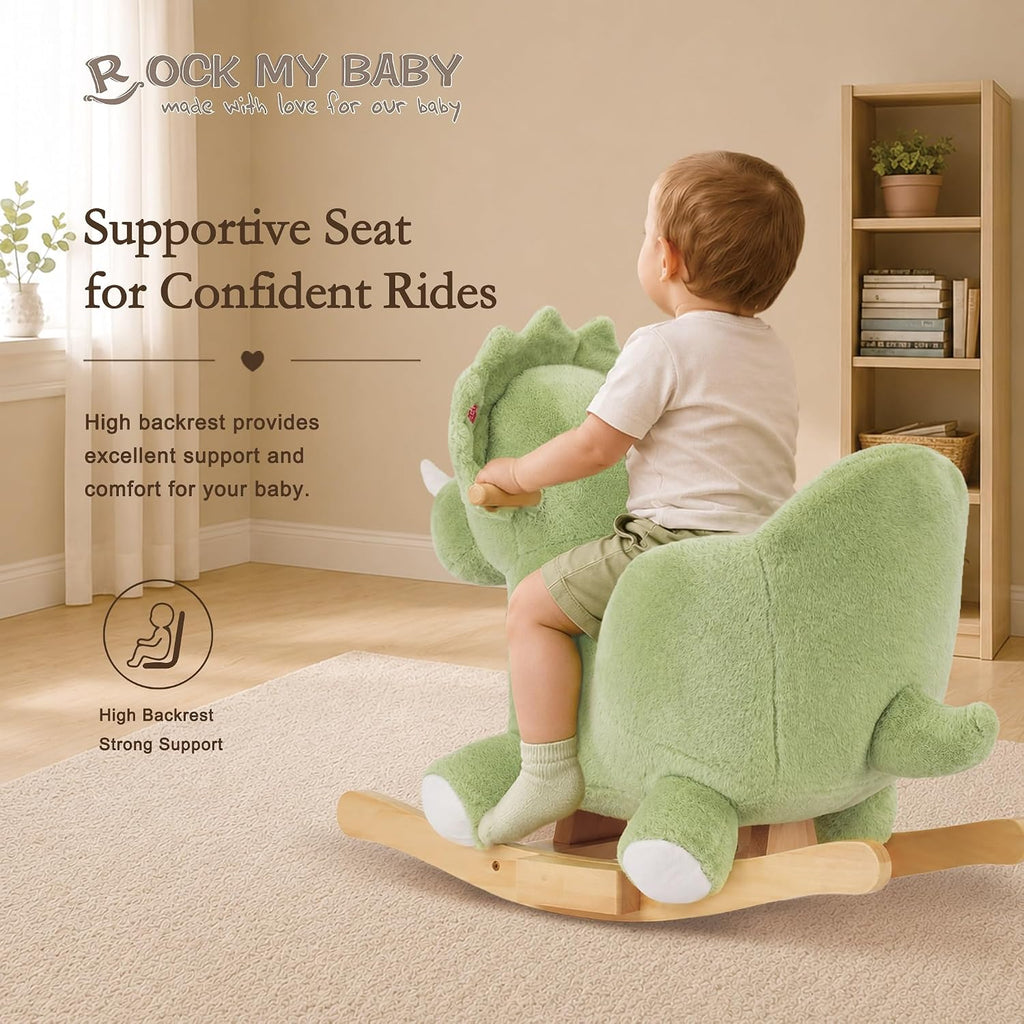 Rocking Horse Green Dinosaur with Chair, Plush Stuffed Rocker for Toddlers 1-3, Baby Rocker with Sweet Music, Wooden