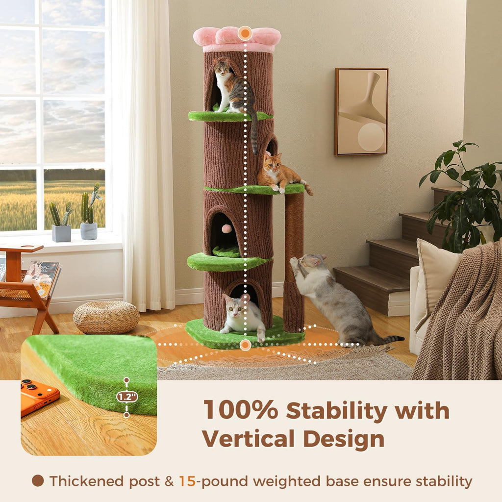 68.5" Forest Cat Tree Tower with 4 Condos & Flower Top Bed, Brown