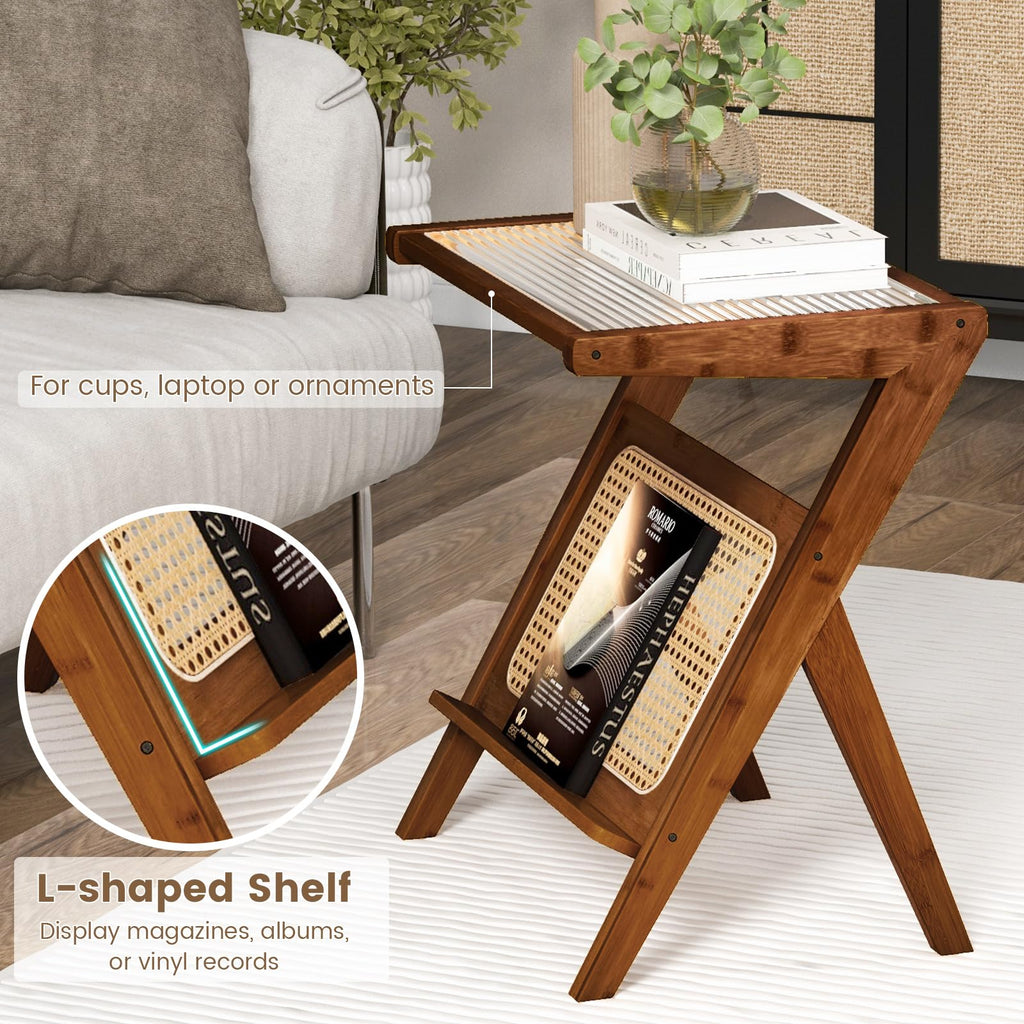 Rattan Side Table, Boho Nightstand with Glass Top & Magazine Rack, with Storage, Bamboo Bedside Table for Small Space