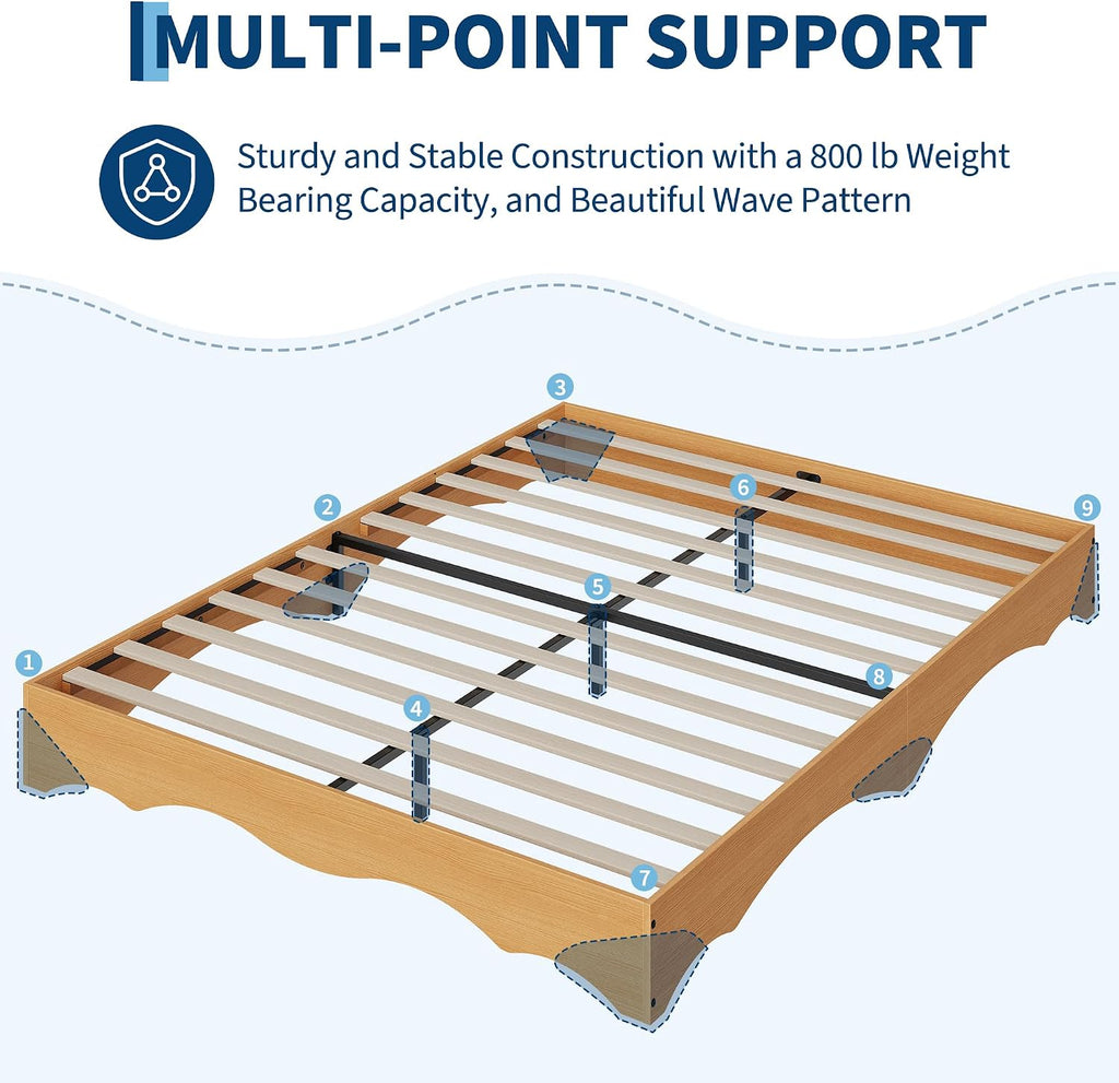 Japanese-Inspired Low Profile Wood Platform Bed Frame with Wavy Edge - Solid Slat Support, Noise-Free, No Box Spring
