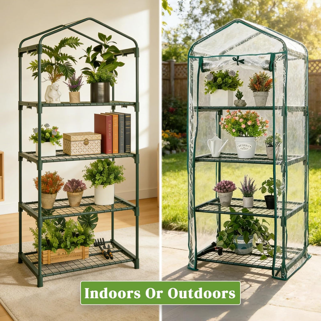 Mini Greenhouse for Indoor Outdoor, Small Plants Green House with 4 Tier Shelves, Portable Plastic Greenhouses with